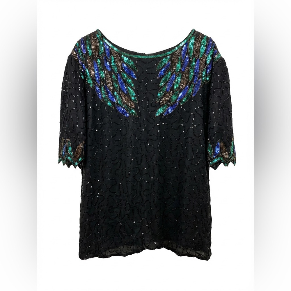 Vintage Silk Beaded Woman’s Top Blouse Size 2X Made In India